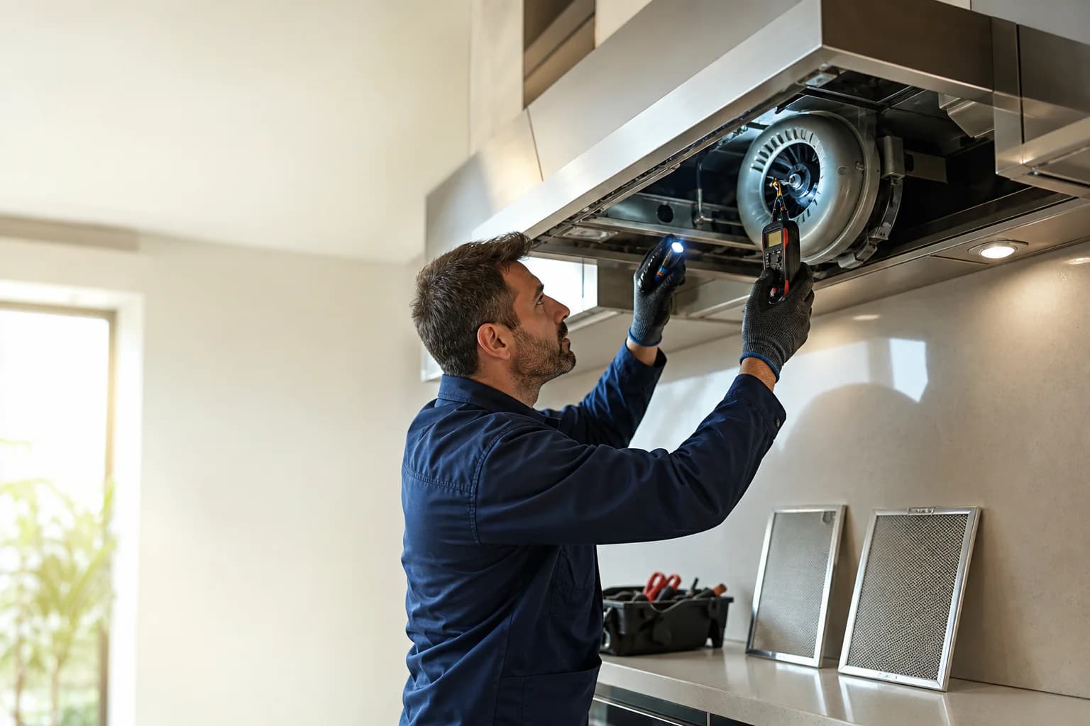 Técnico avaliando ruído e vibração em uma coifa de cozinha