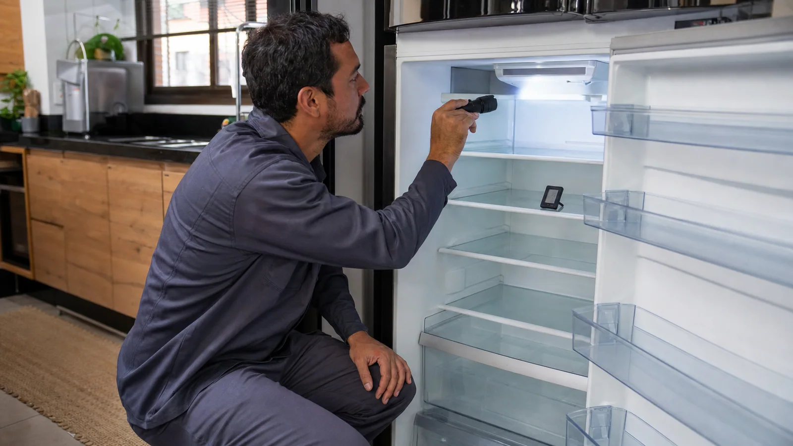 Compressor de geladeira sendo avaliado por técnico de refrigeração