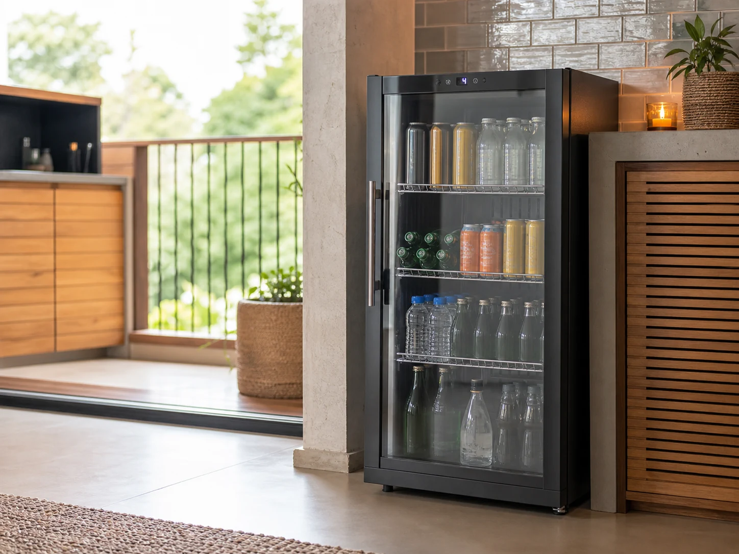 Cervejeira residencial com porta de vidro em área gourmet