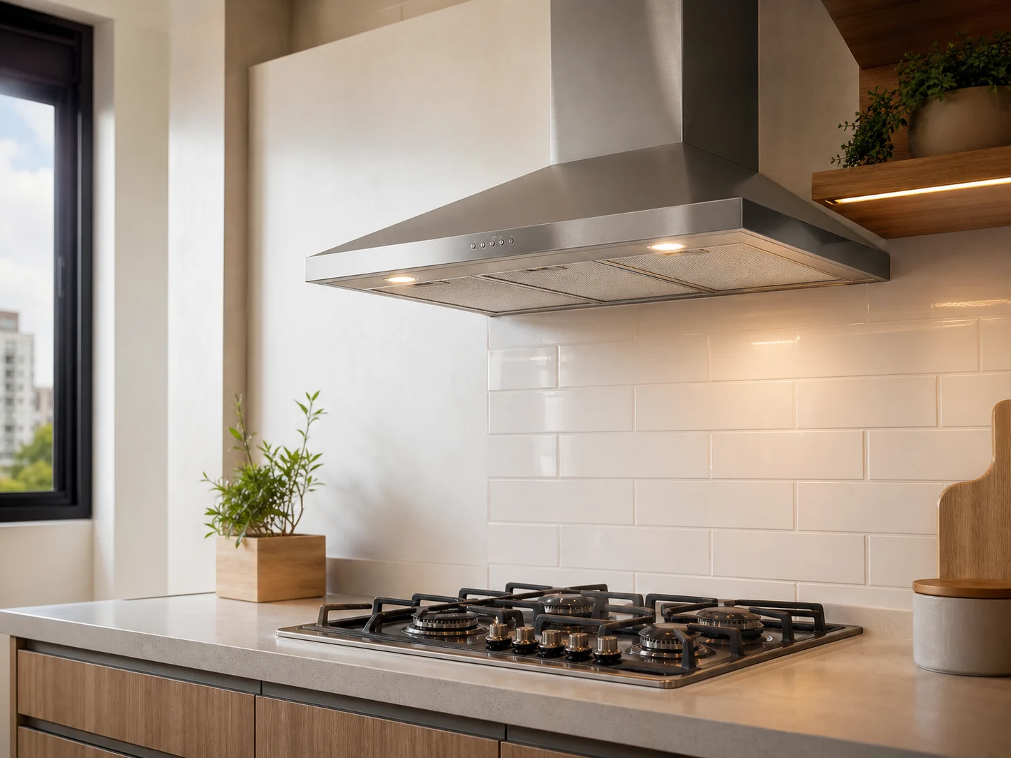 Coifa residencial de inox instalada sobre cooktop a gás