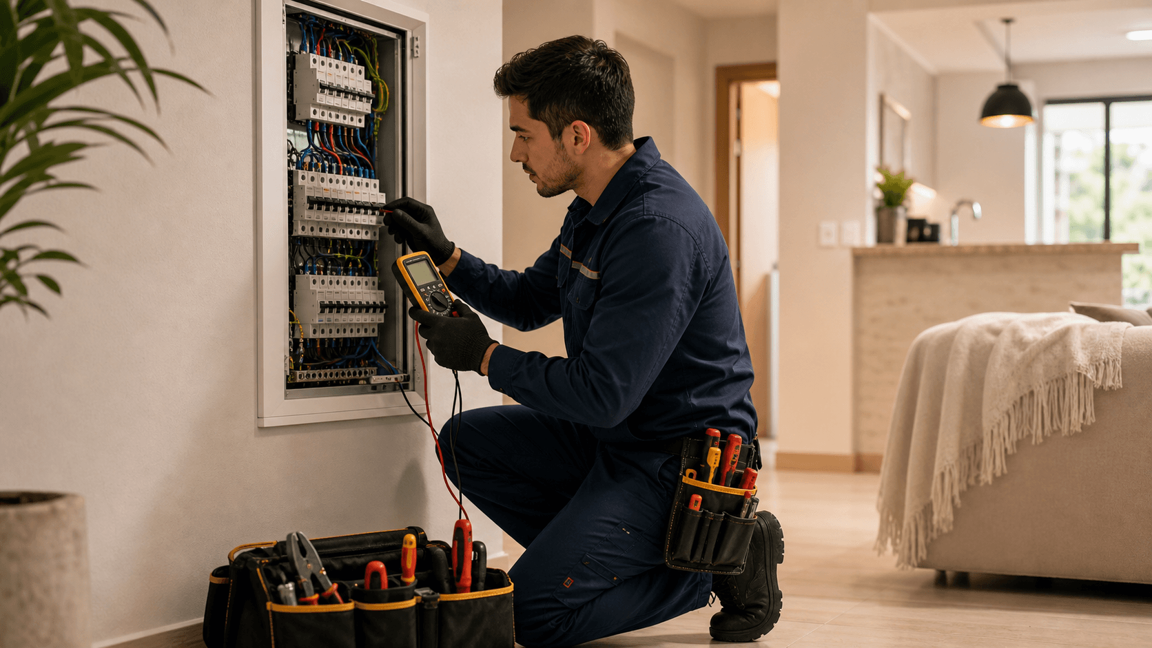 Eletricista diagnosticando quadro de disjuntores com multímetro em residência
