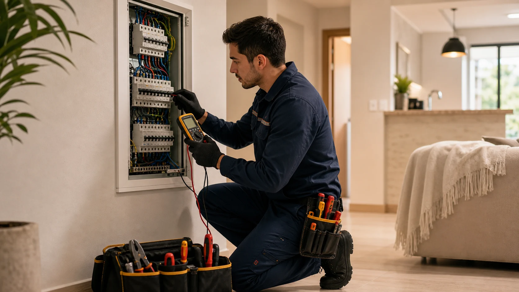 Eletricista diagnosticando quadro de disjuntores com multímetro em residência