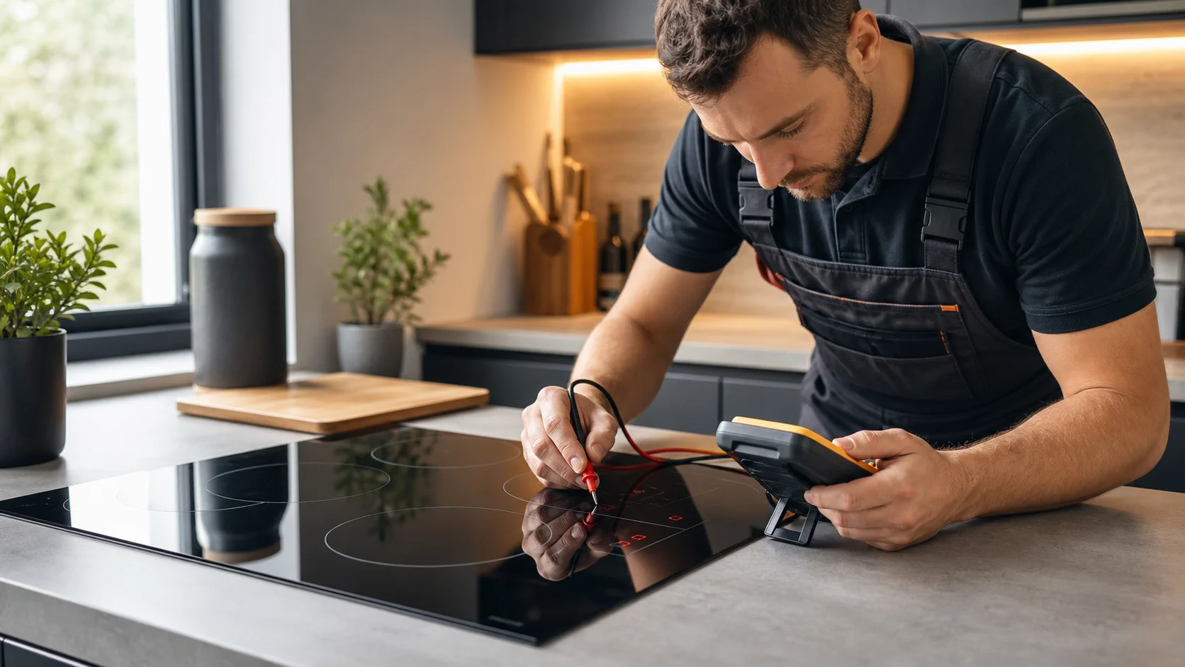 Técnico diagnosticando cooktop de indução com multímetro em cozinha residencial