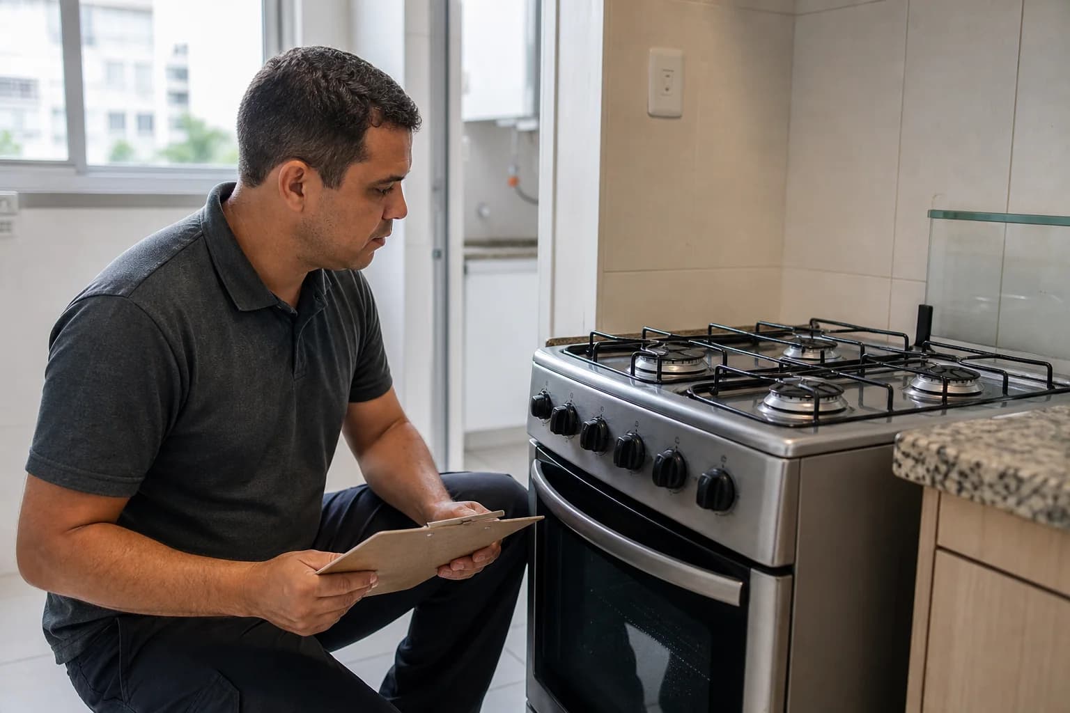Técnico realizando teste de estanqueidade em conexão de fogão a gás