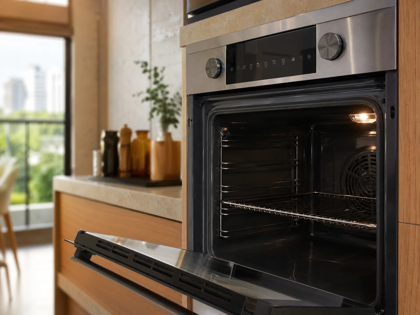 Técnico medindo temperatura e alimentação de um forno elétrico de bancada