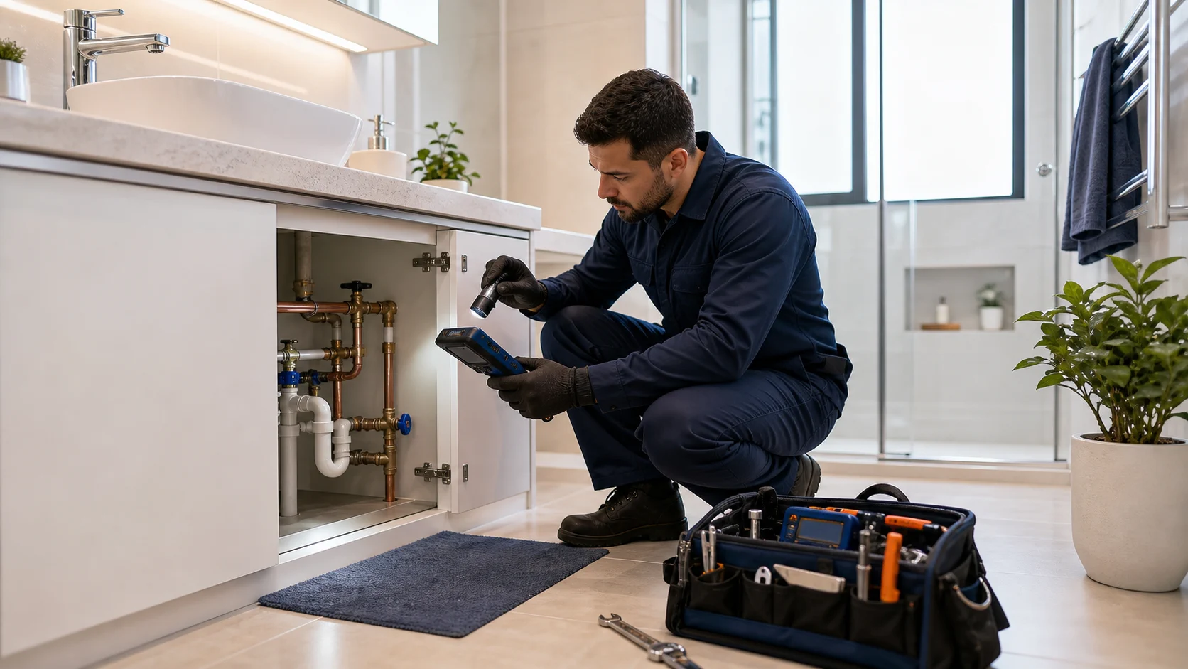 Técnico hidráulico diagnosticando tubulação em banheiro residencial