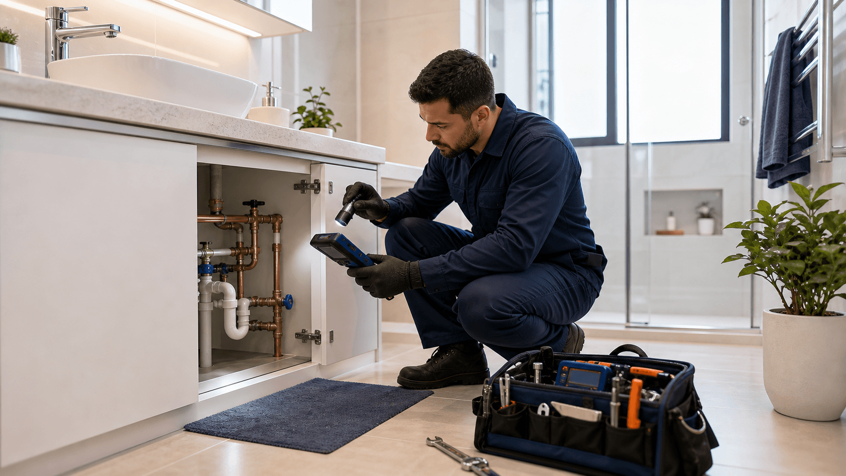 Técnico hidráulico diagnosticando tubulação em banheiro residencial