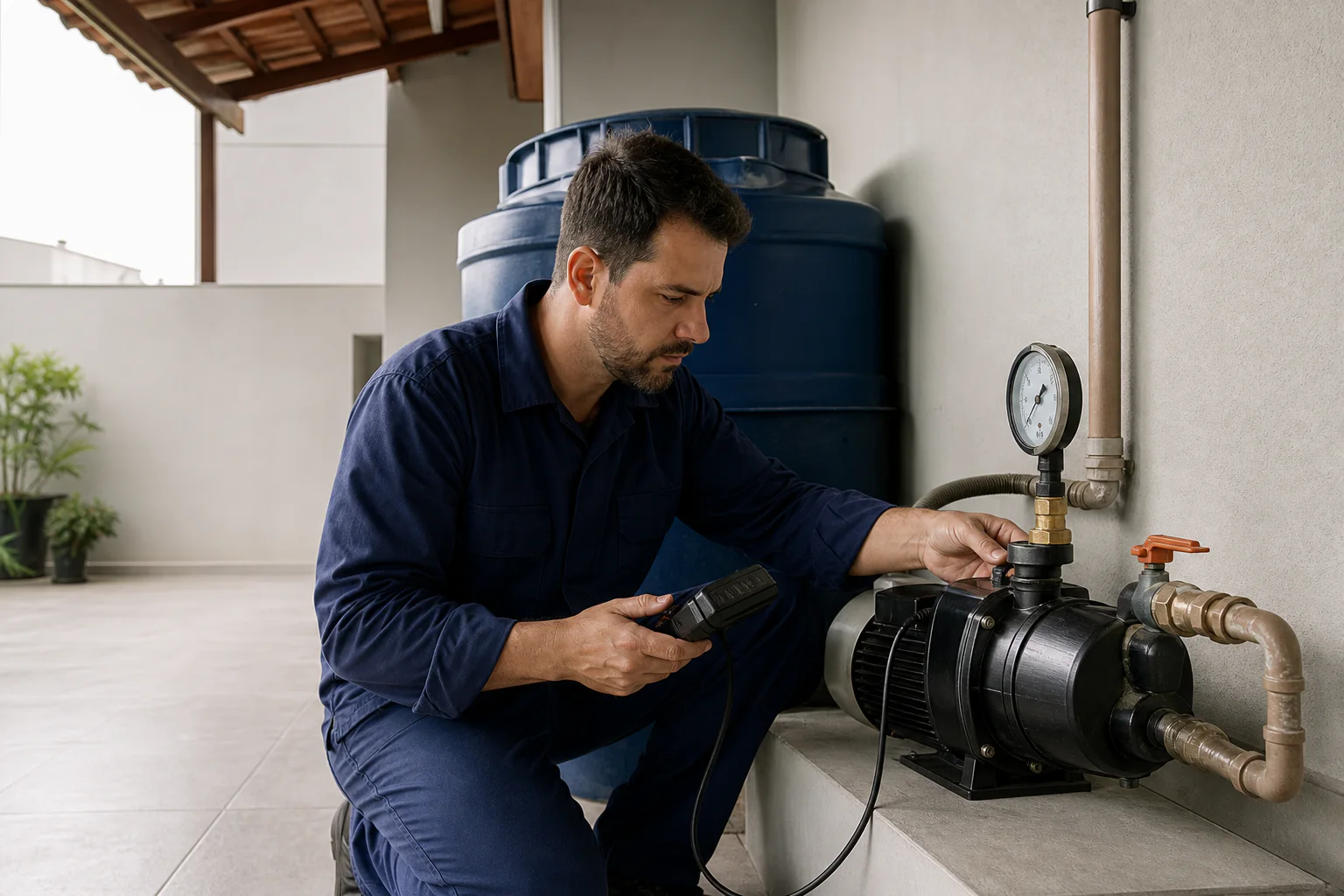 Técnico ajustando bomba pressurizadora de água durante manutenção