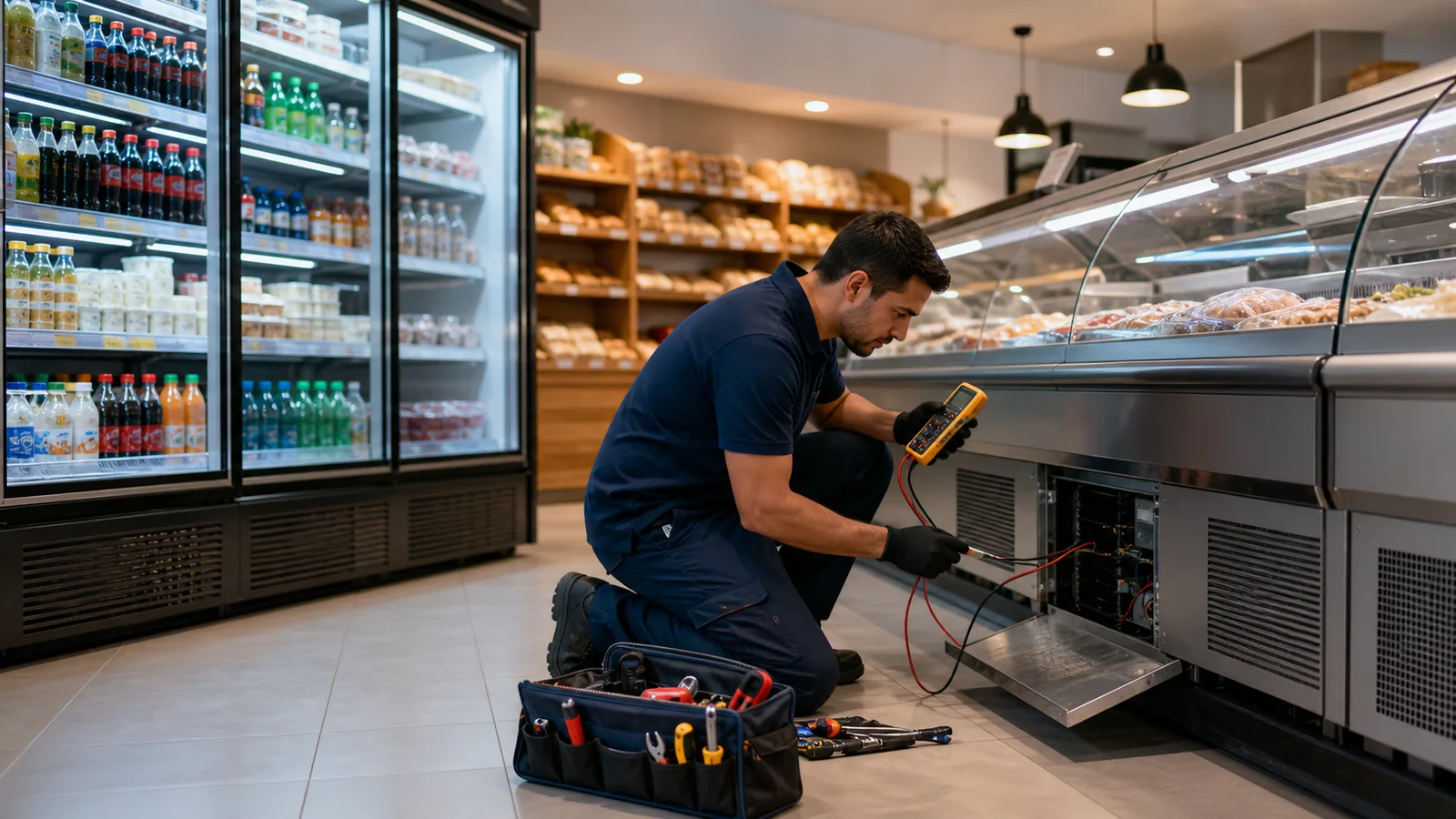 Técnico avaliando balcão refrigerado e expositor em ambiente comercial