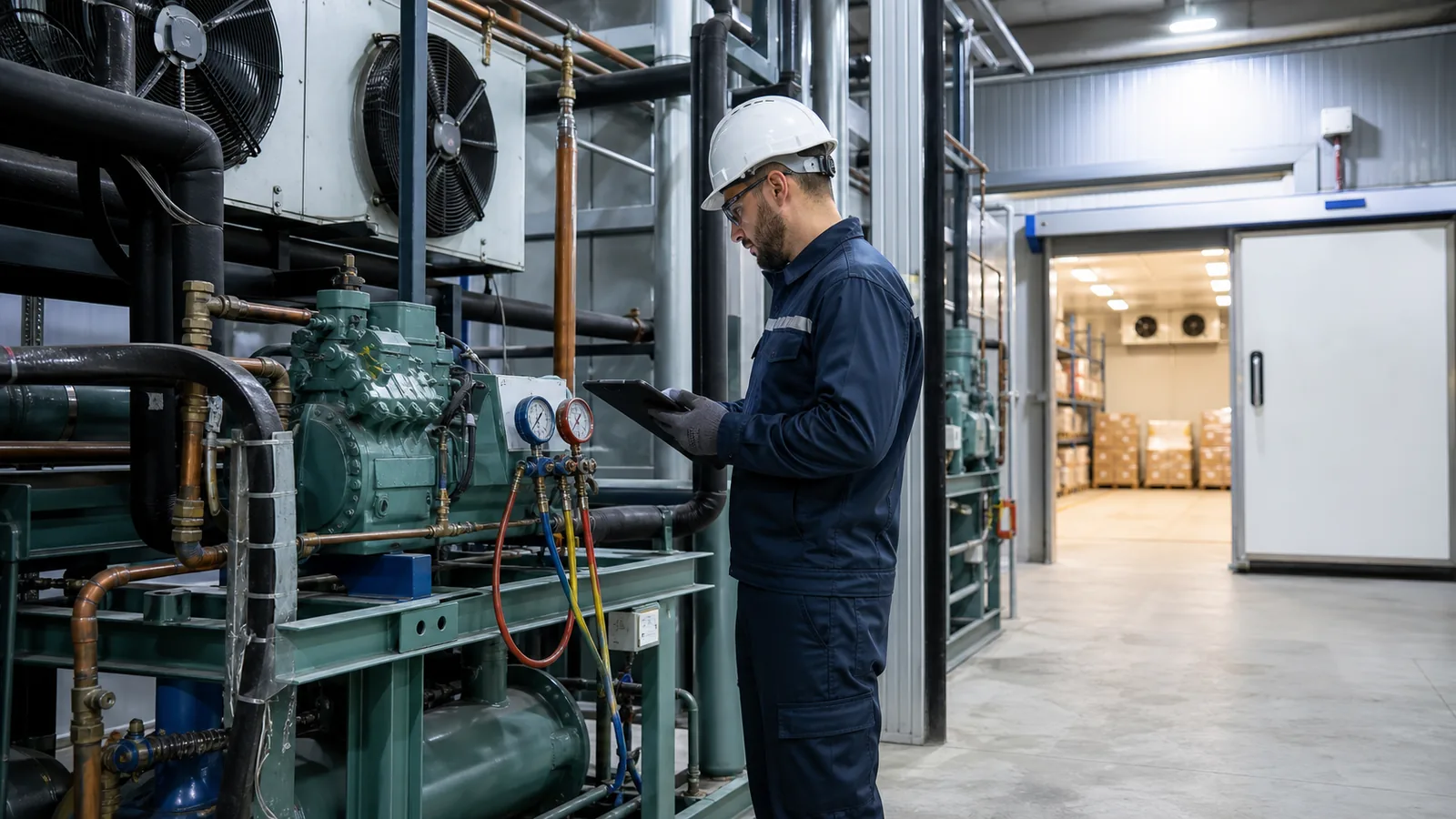 Técnico inspecionando sistema frigorífico industrial em sala técnica