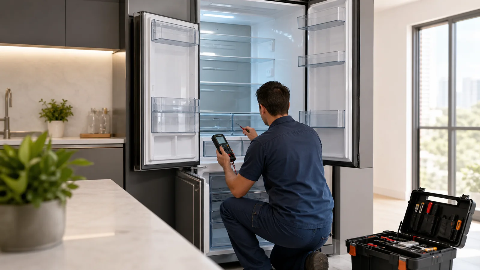Técnico diagnosticando geladeira residencial aberta em cozinha moderna